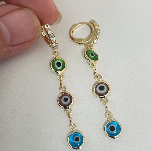 18k Gold Filled CZ Evil Eye Long Earrings - Picture 1 of 5